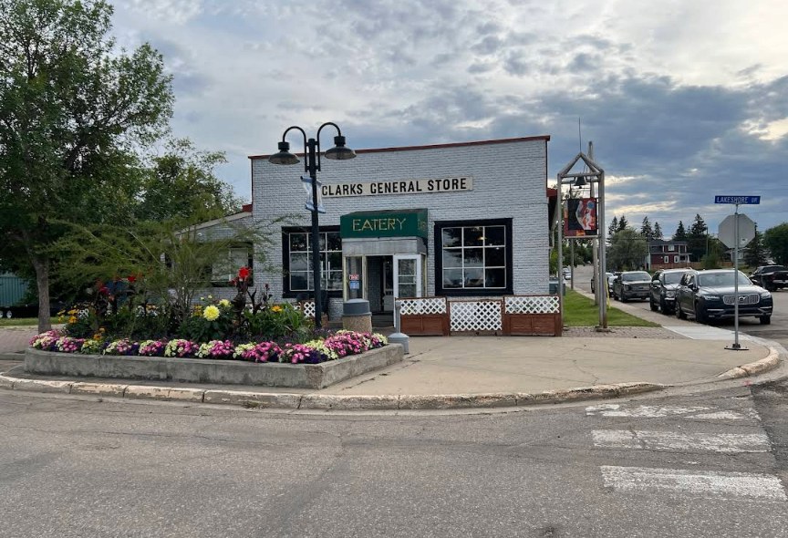 The historic exterior of Clark's General Store at dusk